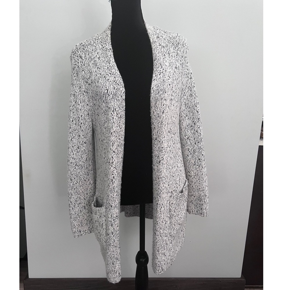 Apt 9 Womens Large Black White Marled Knit Open Front Longline Cardigan Pockets